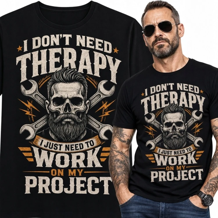 Koszulka męska dla majsterkowicza „I don't need therapy I just need to work on my project” - czaszka i klucze