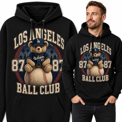 Bluza męska z kapturem z misiem baseballistą „Los Angeles Ball Club” - numer 87