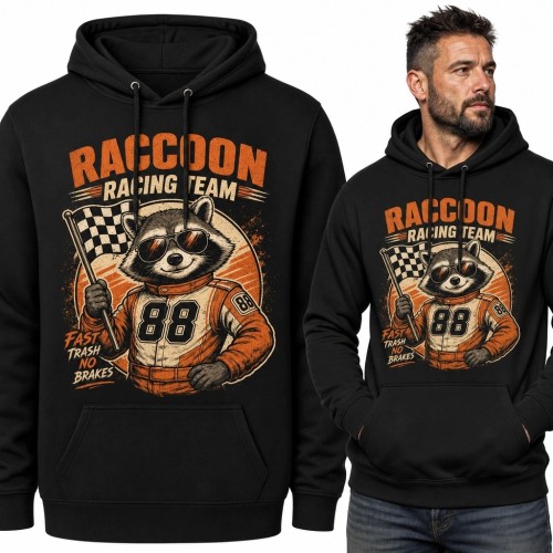 Bluza męska z kapturem ze szopem kierowcą „Raccoon Racing Team” - retro motorsport