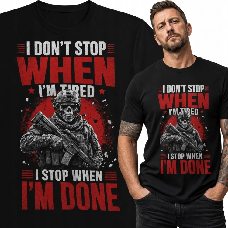Koszulka męska ze szkieletem żołnierza „I Don't Stop When I'm Tired / I Stop When I'm Done” - militarny nadruk