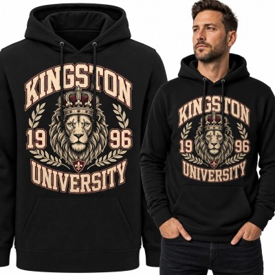 Bluza męska z kapturem z koronowanym lwem „Kingston University” i rocznikiem 1996 - heraldyczny styl varsity