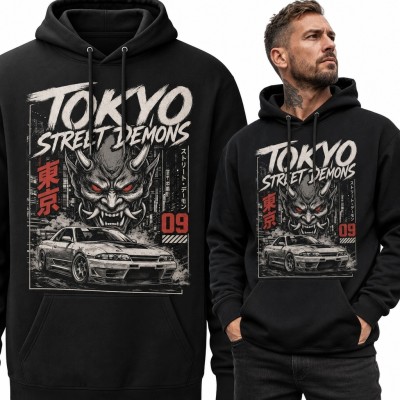 Bluza męska z kapturem z japońskim autem i demonem oni „Tokyo Street Demons” - street racing