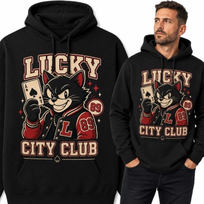 Bluza męska z kapturem z kotem i asem pik „Lucky City Club” - retro streetwear