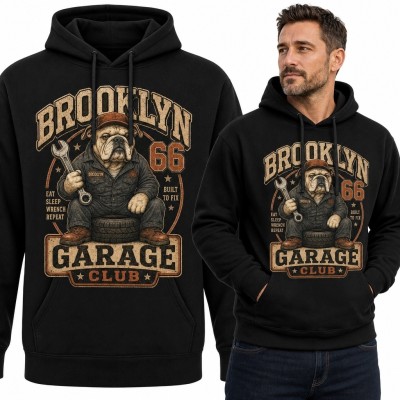 Bluza męska z kapturem „Brooklyn Garage Club” - bulldog mechanik retro