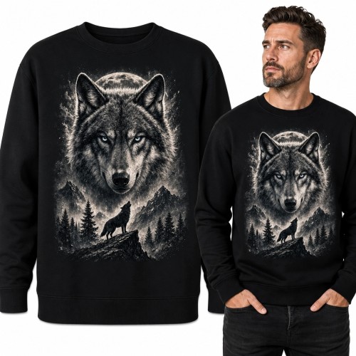 Bluza męska bez kaptura z wilkami - pełnia księżyca i górski las