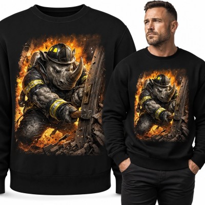 Bluza męska bez kaptura - nosorożec-strażak w płomieniach