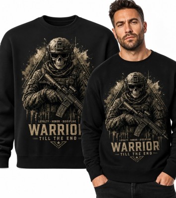 Bluza męska bez kaptura z militarnym nadrukiem „Warrior - Till the End” - szkieletowy żołnierz