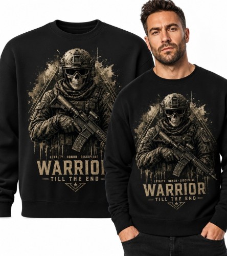 Bluza męska bez kaptura z militarnym nadrukiem „Warrior - Till the End” - szkieletowy żołnierz