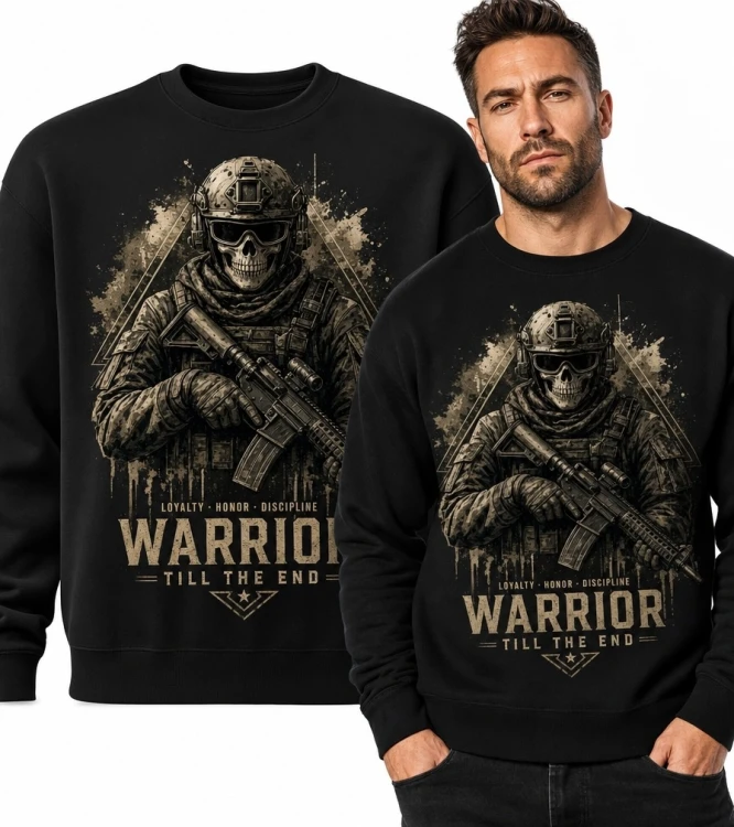 Bluza męska bez kaptura z militarnym nadrukiem „Warrior - Till the End” - szkieletowy żołnierz