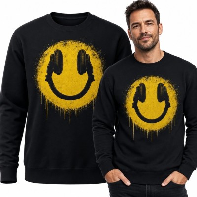Bluza męska bez kaptura z żółtą buźką i motywem słuchawek - styl grunge