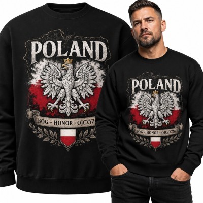Bluza męska bez kaptura patriotyczna z Orłem Białym - „Poland” i „Bóg · Honor · Ojczyzna”