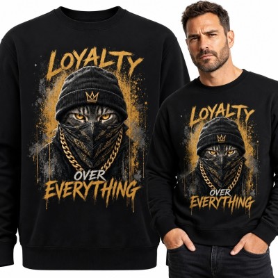 Bluza męska bez kaptura z zamaskowanym kotem „Loyalty over everything” - czarno-złoty streetwear