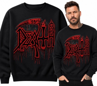 Bluza męska bez kaptura z metalowym nadrukiem „Death” - mroczny motyw z kosą