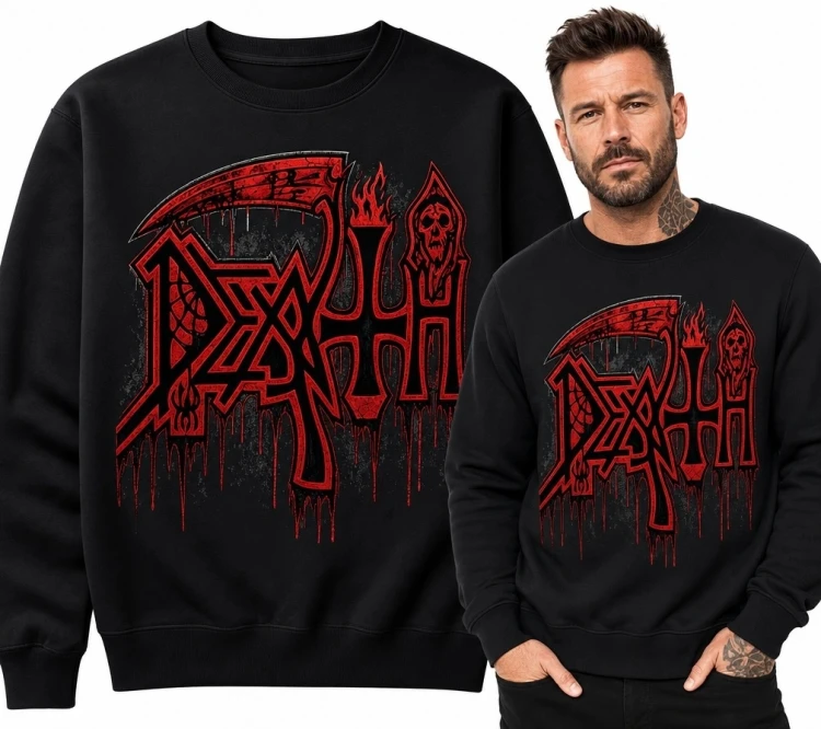 Bluza męska bez kaptura z metalowym nadrukiem „Death” - mroczny motyw z kosą