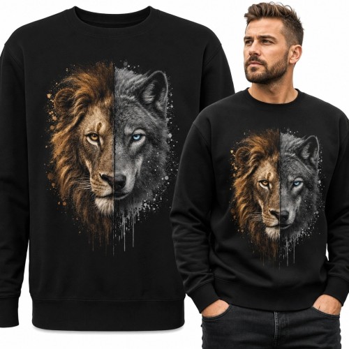Bluza męska bez kaptura z nadrukiem lwa i wilka - mroczny portret