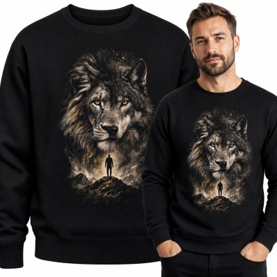 Bluza męska bez kaptura z wilkiem i wędrowcem na skalistym szczycie