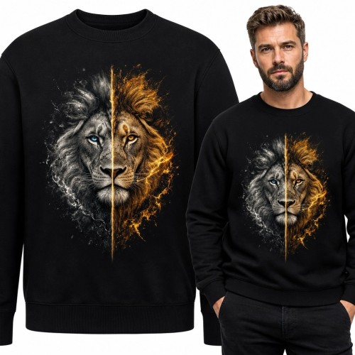 Bluza męska bez kaptura z lwem ognia i lodu - kontrastowy symbol siły