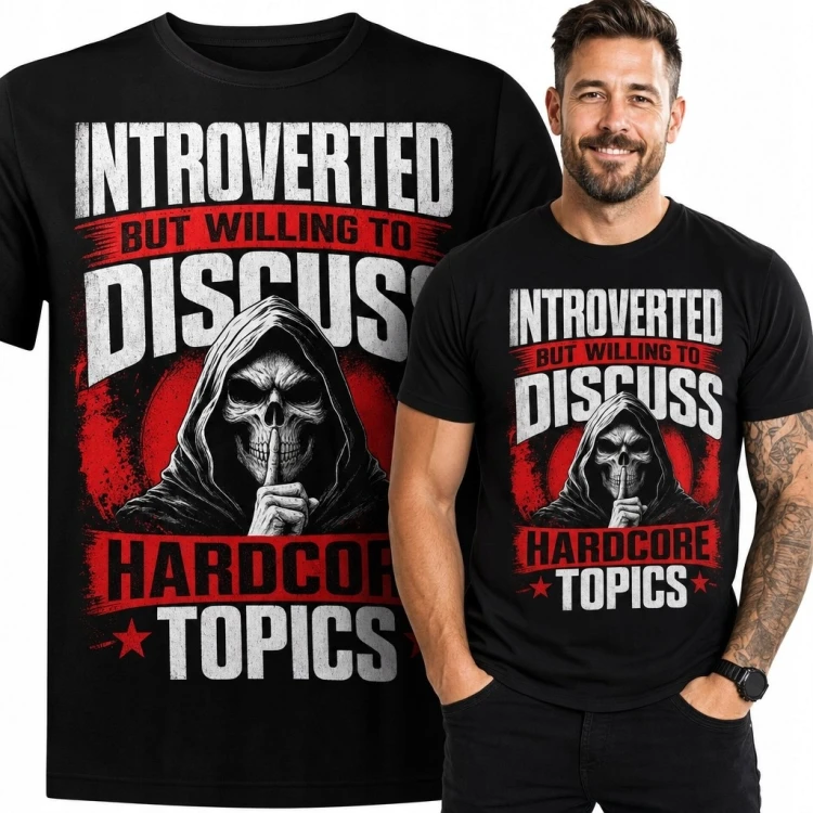 Koszulka męska z zakapturzoną czaszką - „Introverted but willing to discuss hardcore topics”