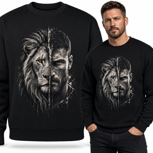 Bluza męska bez kaptura z portretem pół lwa, pół mężczyzny - symbol siły
