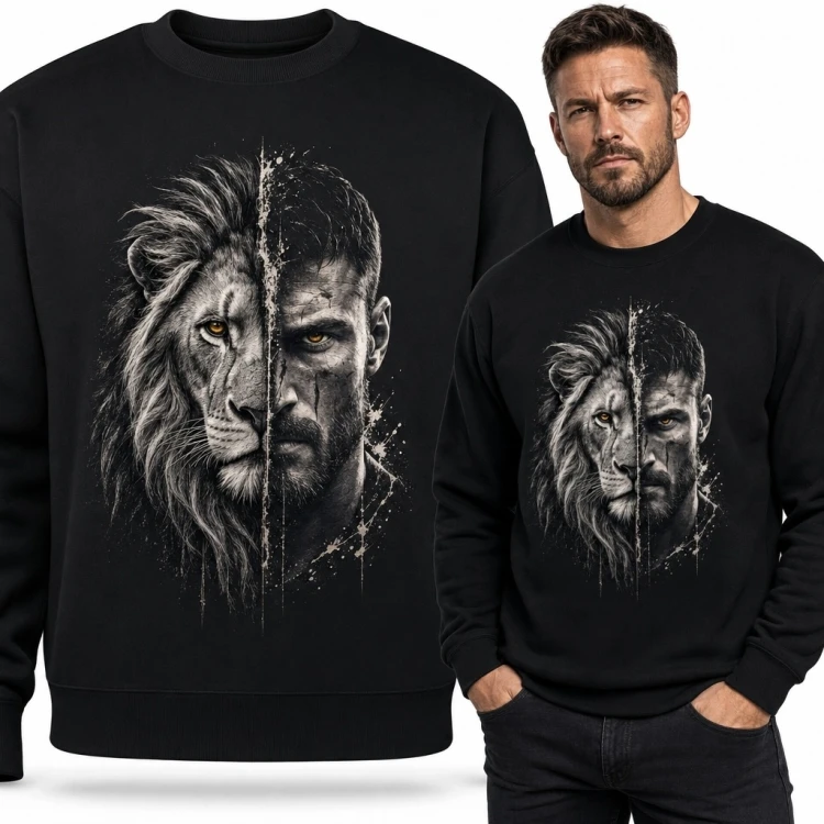 Bluza męska bez kaptura z portretem pół lwa, pół mężczyzny - symbol siły