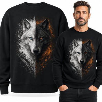 Bluza męska bez kaptura - kontrastowy portret wilka o dwoistej twarzy