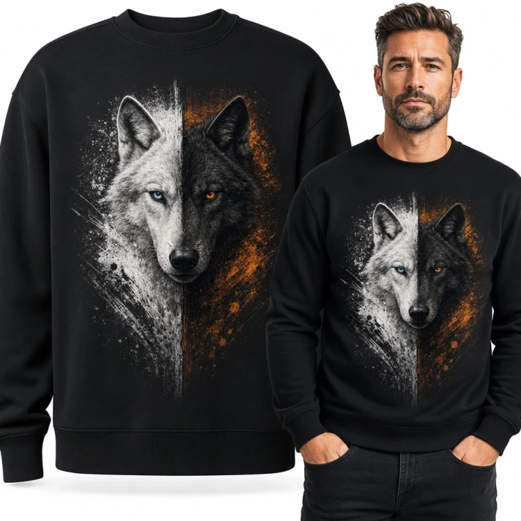 Bluza męska bez kaptura - kontrastowy portret wilka o dwoistej twarzy