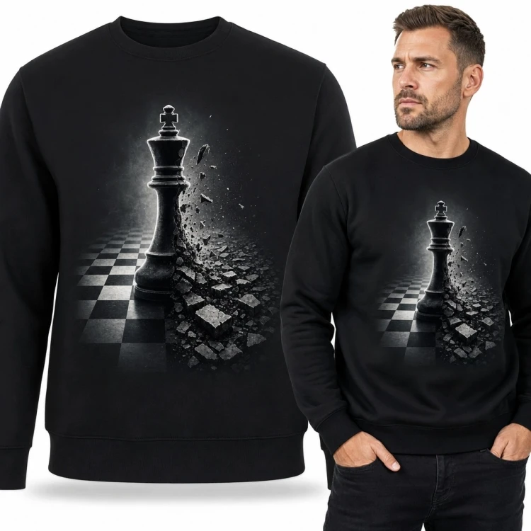 Bluza męska bez kaptura - czarny król szachowy na rozpadającej się szachownicy