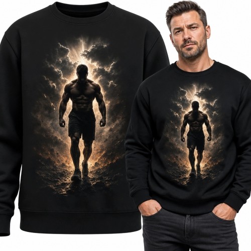 Bluza męska bez kaptura - muskularny mężczyzna w burzowych chmurach
