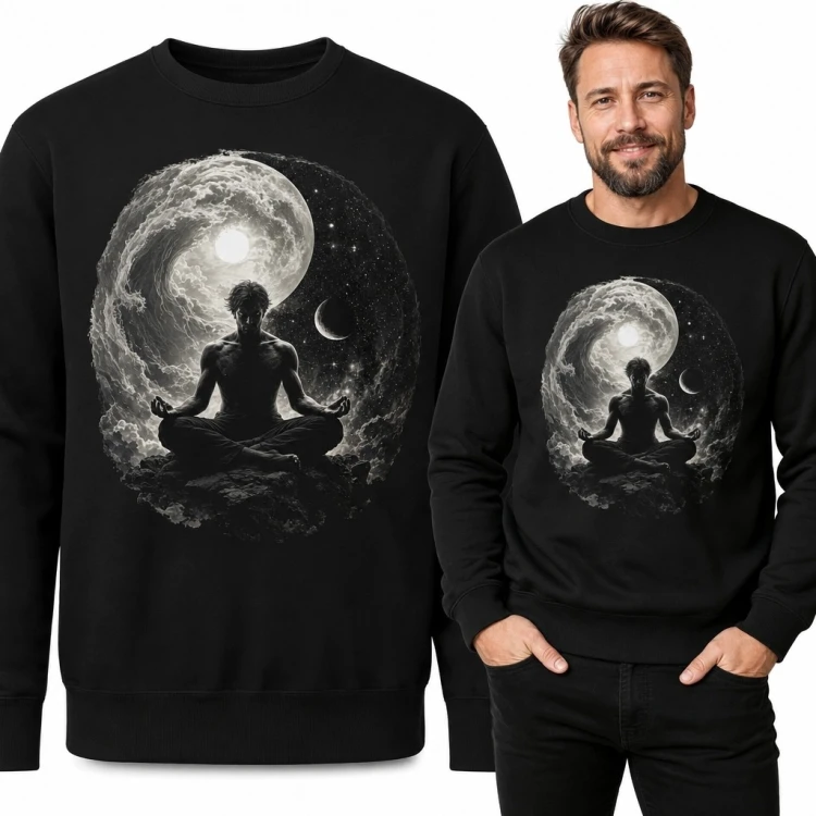 Bluza męska bez kaptura - medytująca postać w kosmicznym kręgu