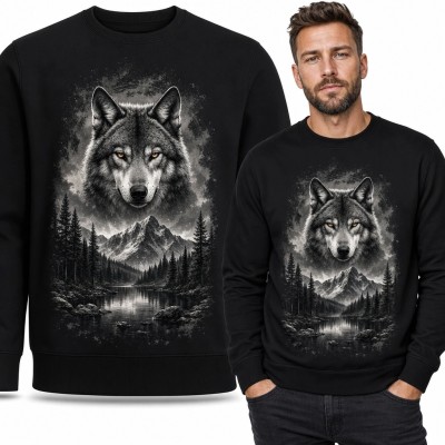 Bluza męska bez kaptura z wilkiem nad górskim jeziorem - monochromatyczny nadruk