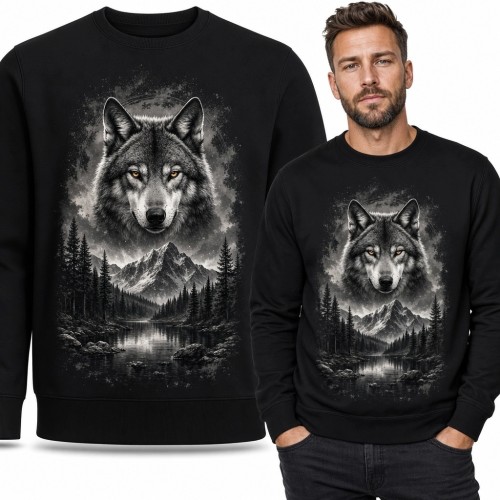 Bluza męska bez kaptura z wilkiem nad górskim jeziorem - monochromatyczny nadruk