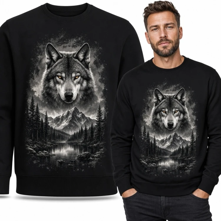 Bluza męska bez kaptura z wilkiem nad górskim jeziorem - monochromatyczny nadruk