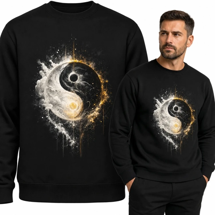 Bluza męska bez kaptura z kosmicznym yin-yang i złocistą energią