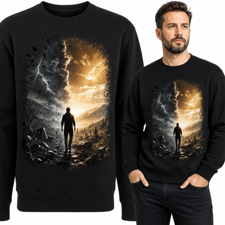 Bluza męska bez kaptura z samotnym wędrowcem między burzą a złotym światłem
