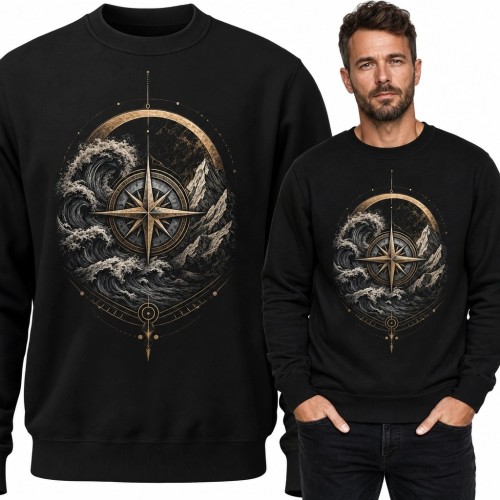 Bluza męska bez kaptura - róża kompasowa pośród fal i gór