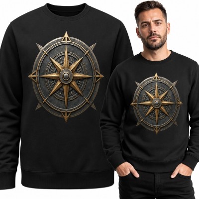Bluza męska bez kaptura z różą wiatrów - metaliczny kompas