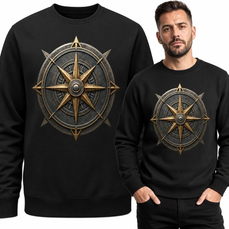 Bluza męska bez kaptura z różą wiatrów - metaliczny kompas