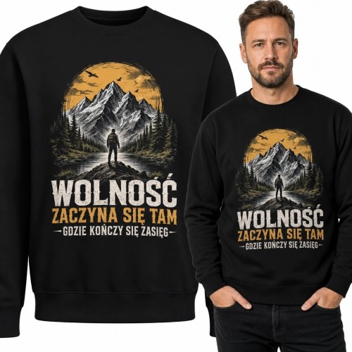 Bluza męska bez kaptura z górskim wędrowcem i napisem „Wolność zaczyna się tam, gdzie kończy się zasięg”