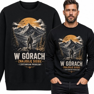 Bluza męska bez kaptura „W górach” - wędrowiec i zachód słońca