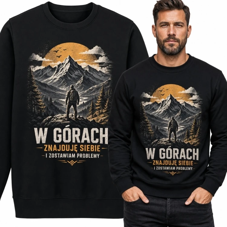 Bluza męska bez kaptura „W górach” - wędrowiec i zachód słońca