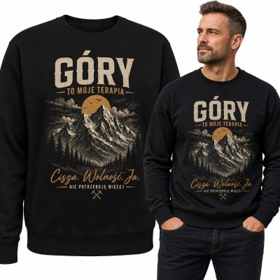 Bluza męska bez kaptura z górskim nadrukiem „Góry - to moje terapia”