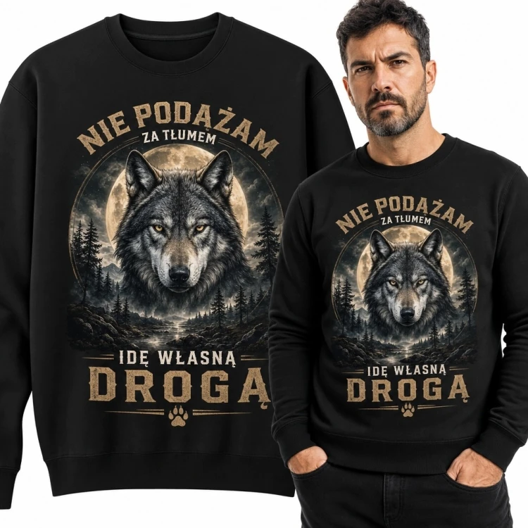 Bluza męska bez kaptura z wilkiem „Nie podążam za tłumem - idę własną drogą”