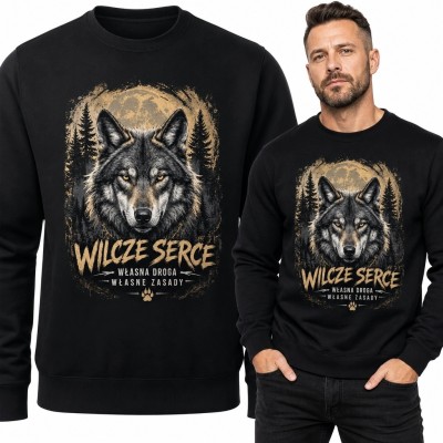 Bluza męska bez kaptura z wilkiem „Wilcze serce” - „Własna droga / własne zasady”