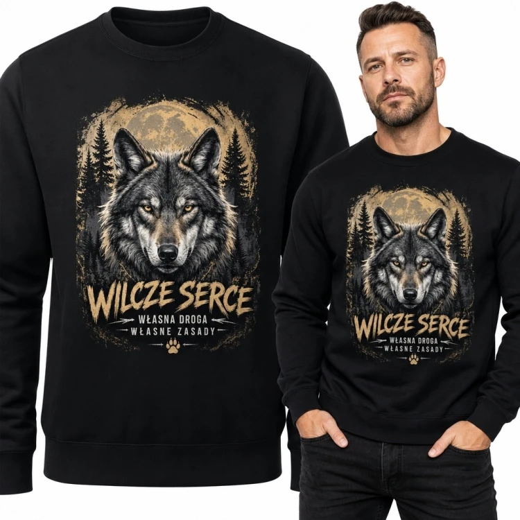 Bluza męska bez kaptura z wilkiem „Wilcze serce” - „Własna droga / własne zasady”