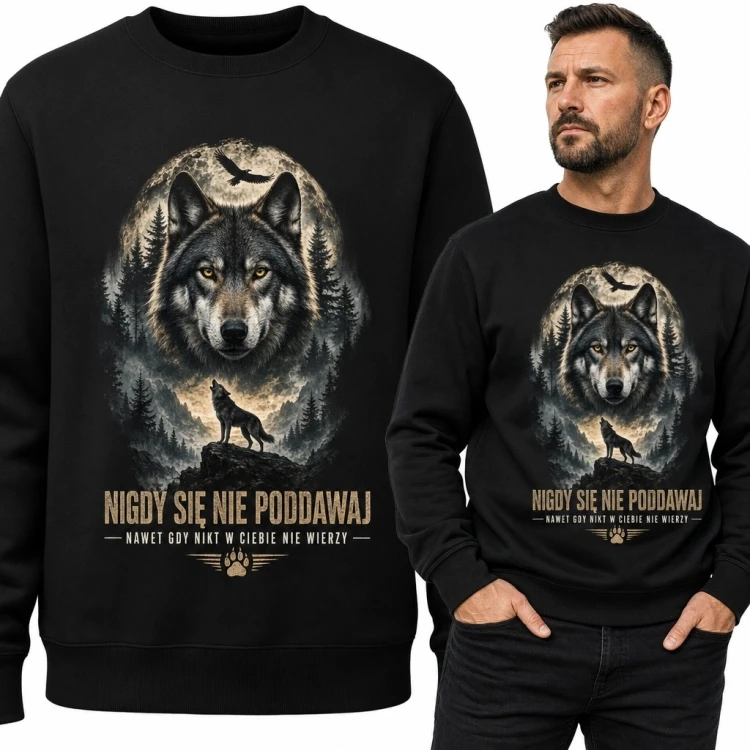 Bluza męska bez kaptura z wilkiem - „Nigdy się nie poddawaj”