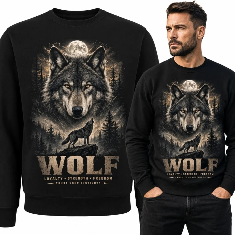 Bluza męska bez kaptura z wilkiem „Wolf” - pełnia księżyca i nocny las