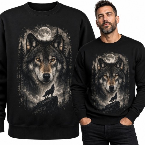 Bluza męska bez kaptura z wilkiem i pełnią księżyca - nocny las