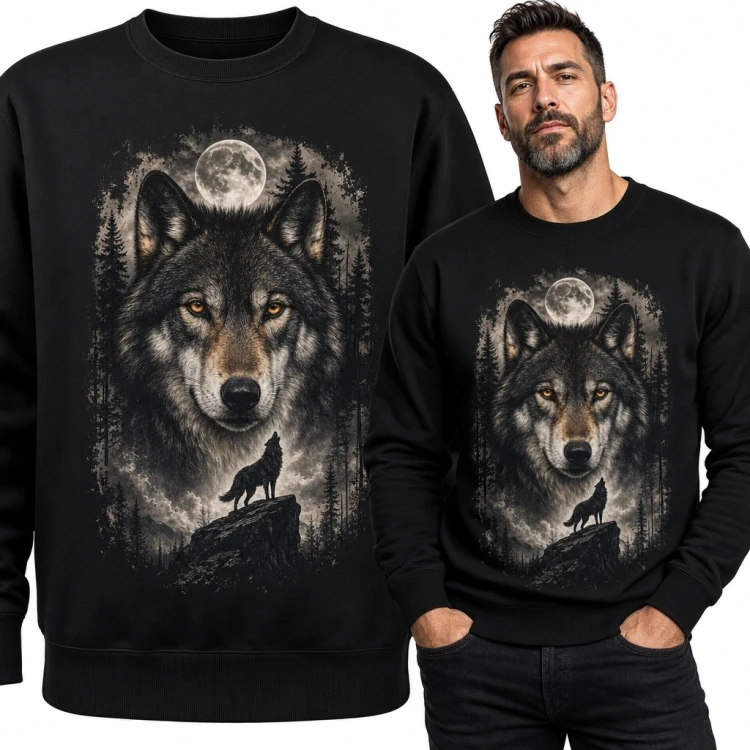 Bluza męska bez kaptura z wilkiem i pełnią księżyca - nocny las