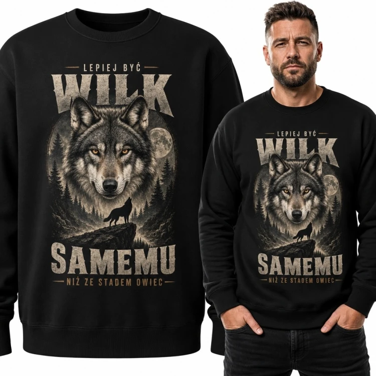 Bluza męska bez kaptura z wilkiem - „Lepiej być wilk samemu niż ze stadem owiec”