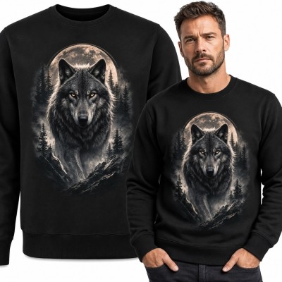 Bluza męska bez kaptura - realistyczny wilk na tle pełni księżyca i lasu